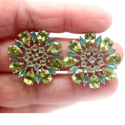 Unheated 5 x 7 MM. Green Peridot & green Emarald Earrings 925 Sterling Silver - Image 1 of 4