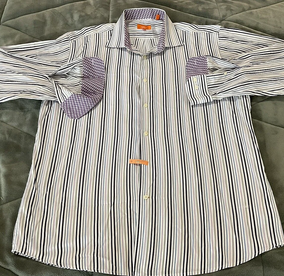 Tallia Multi-Color Purple Striped L/S Contrast Cuff Mens Shirt Sz XL - 17.5 - Image 1 of 4