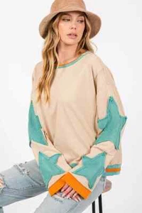 SAGE & FIG FRENCH TERRY STAR APPLIQUE PATCH PULLOVER TOP ST-7247 SAND/GREEN- SM - Picture 1 of 6