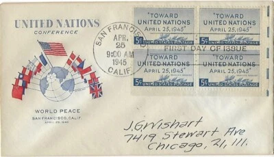 3 '45 FDCs United Nations B4 (2) on ArtCraft, Grimsland, Pent Arts SC#928 CV$34 - Image 1 of 3