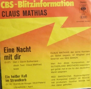 7" 1978 CV RARE CBS PROMO MINT-! CLAUS MATHIAS (= RED BARON ) Eine Nacht mit Dir - Bild 1 von 1