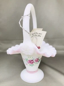 "Cesta de jardín vintage Fenton Rose pintada a mano firmada por J. Powell arte vidrio 7""" - Imagen 1 de 6