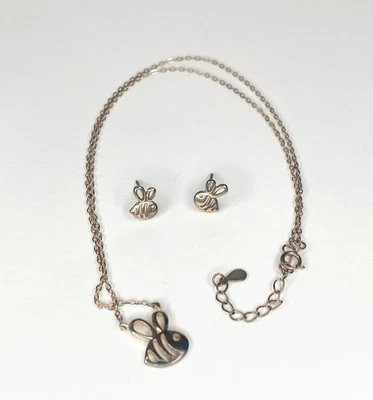 925 Sterling Silver Bee Necklace & Earrings Rose Gold Color NIB - Image 1 of 4