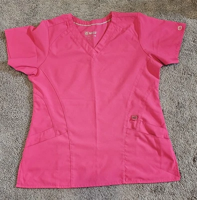 Wonder Wink W123 Scrub Top Size Small Fitted Hot Pink V-Neck Pockets - Image 1 of 3