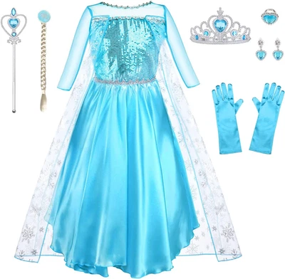 BESUCHE DEN URAQT-STORE URAQT Kostüm Kinder Mädchen, 9-Teiliges Set Kleid Kinder Mit Krone Diadem Handsc