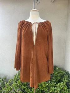 Vtg Boho Suede Leather Brown Mini Dress Or Tunic S/M Handmade - Picture 1 of 10