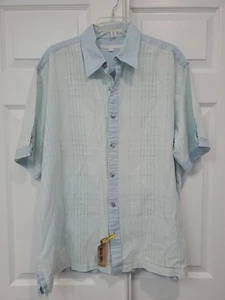 Mens Perry Ellis Linen Blend Short Sleeve Casual Dress Button Shirt XL Blue - Picture 1 of 11
