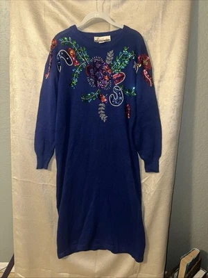 Vestido Suéter De Colección Azul Con Cuentas 1980/90 Colorido Lentejuelas Cuentas Talla 16 Diana Marco Foto 1 de 4