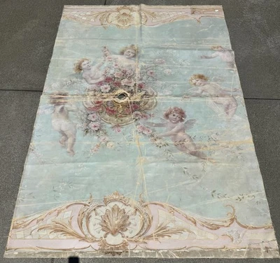 ENORME 11 pies! Antiguo castillo rococó francés pintura al óleo de pared ángeles rosas siglo XIX Foto 1 de 4