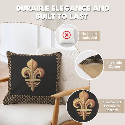 Throw Pillow Cover - Framed Fleur de Lys Black - Tapestry Cushion 19x19 in New - Image 1 of 4