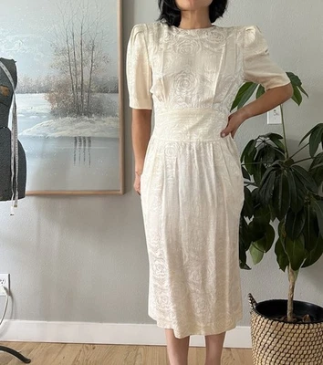 Vestido de cóctel vintage Liz Claiborne años 80 100 % seda plisados blanco floral talla 6 Foto 1 de 4