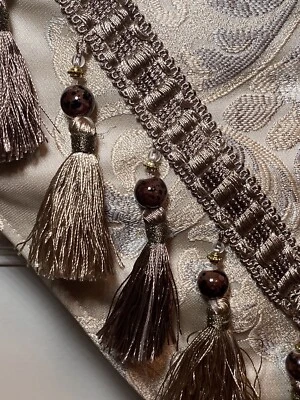 Table Runner Damask Tassels Grey Beige 13x84” - Image 1 of 4