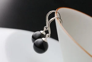 D10 Orecchini Agata Nero Sfera 925 Argento Sterling - Foto 1 di 3