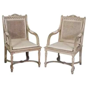Pair of Cane Back Antique White Paint Decorated Louis XVI Style Armchairs Dining - Picture 1 of 15