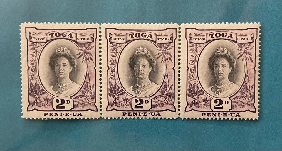 WWII 1942 Strip of 3 MNH Remote Kingdom of TOGA #75 2d Queen Salote Stamps - Image 1 of 3