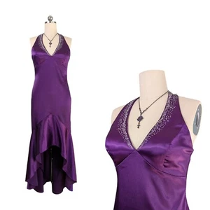 Vintage Nites Prom Dress Maxi Gown 10 Purple Y2K Glam Ruffle Halter Rhinestone - Picture 1 of 9
