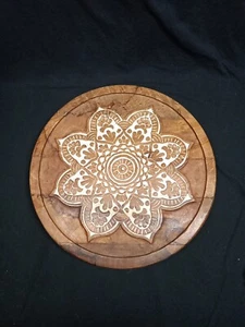 16" Carved Wooden Lazy Susan Turntable With White Mandala Design - Picture 1 of 10