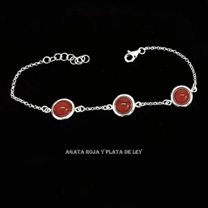 STERLING SILVER BRACELET with Red Agate Round Cabochons 8mm. bracelet 17 to 19 cm - Picture 1 of 4