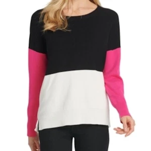 DKNY Womens XL Pullover Sweater Black Pink Ivory Colorblock Fine Gauge Long Slv - Picture 1 of 11