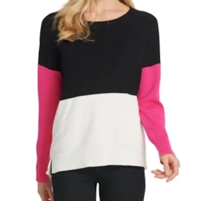 Suéter Pullover DKNY XL para Mujer Negro Rosa Marfil Bloque de Color Calibre Fino Largo Slv Foto 1 de 4