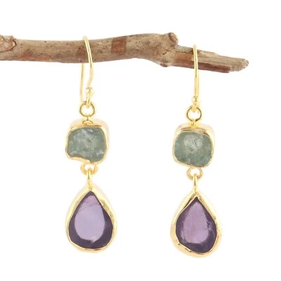 Brinco pendurado gota pedras do nascimento folheado a ouro ametista água-marinha aparência crua natural - Imagem 1 de 4