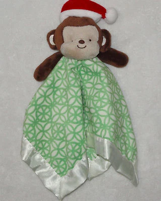 Cocalo Monkey Baby Security Blanket 1st Christmas Santa Hat Green & White Satin - Image 1 of 3