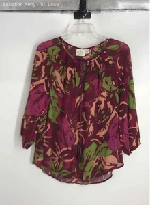 St. John's Bay Womens Cranberry Lime Green Tan Floral Blouse Top Size Large - Picture 1 of 6
