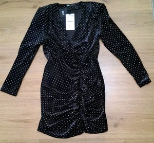 Zara Mini Dress Women's Large Black Velvet Studded Ruched Ruffle Long Sleeve - Picture 1 of 9