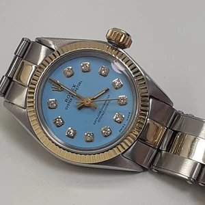 Rolex Oyster Perpetual Ladies 26 mm Two Tone Turquoise Diamond Dial Watch 6621 - Picture 1 of 11