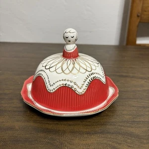 Anthropologie Le Biscuit Milkmaid Lady Domed Covered Butter Cheese Dish Red - Picture 1 of 7