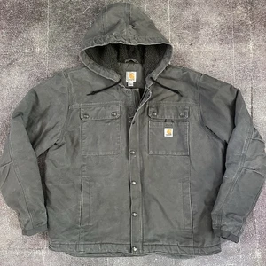 Men's Carhartt Sherpa Lined Dark Gray Washed Duck Bartlett Hooded Jacket Sz L - Picture 1 of 4