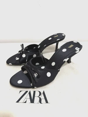 Zara Satin Effect Polka Dot Sandals Black UK4 EUR37 US6.5 Ref 3329/510/800 - Image 1 of 4