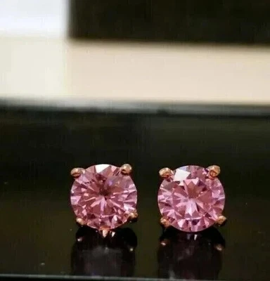 2Ct Round Cut Created Pink Sapphire Stud Push Back Earrings 14K Rose Gold Plated - Image 1 of 4