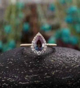 2.30ct Pear Cut Alexandrite Diamond Halo Lab Created Ring 14K Rose Gold Plated - Picture 1 of 5