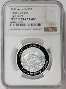 2021 SILVER AUSTRALIA $5 FRASER'S DOLPHIN HIGH RELIEF 1 OZ COIN NGC PF 70UC - Picture 1 of 2