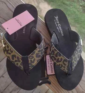 NUEVO CON ETIQUETAS SANDALIAS JUICY COUTURE SMIRK NEGRAS CON ESTAMPADO DE LEOPARDO BRILLO CONFORT PARA MUJER TALLA 6 - Imagen 1 de 3