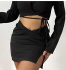 Lily Lulu Tie Waist Detailed Cropped Blazer & Side Split Mini Skirt Set Black-S