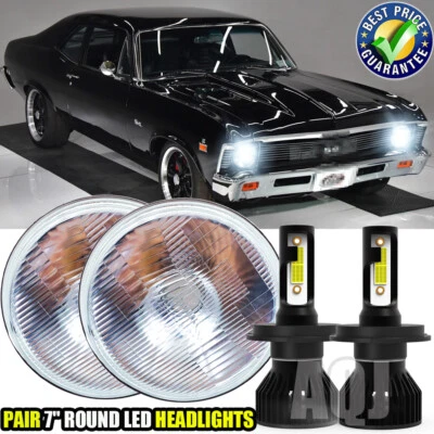 Pair Fit Chevrolet Nova 1969-1981 7inch Round LED Headlights  Hi/Lo Beam - Image 1 of 4