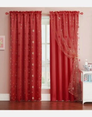 Две красные оконные занавески с круговым дизайном прозрачный верхний слой: 55 x 90 дюймов - Изображение 1 из 4