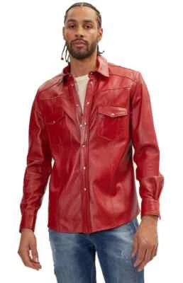 Men's Leather Shirt Jacket Pure Lambskin Causal Custom Made Red Leather Shirt - Image 1 of 4