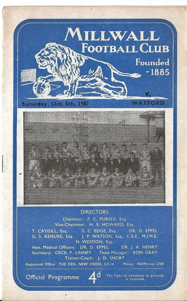 Football Programme MILLWALL v WATFORD Oct 1957 - Image 1 of 1
