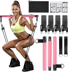 Pilates Bar Set Adjustable Resistance Bands Pink Portable Home Gym Yoga 4-Band - Picture 1 of 12
