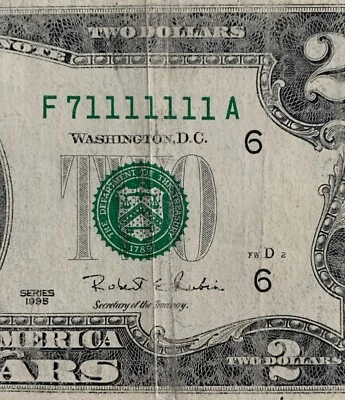 $2 TWO DOLLAR BILL - Solid 7 in a row / of kind - Repeater Binary Fancy Serial # - Image 1 of 4