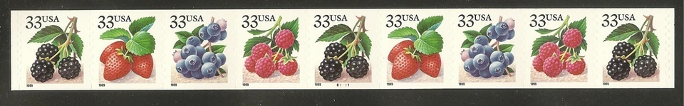 US Scott 3302-3305 33c Berries PNC strip of 9, plate # B1111 - Image 1 of 1