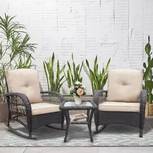 Elegant 3 Piece Rocking Chair Bistro Set Brown Rattan Outdoor Patio Furniture - Picture 1 of 5