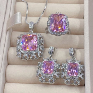3pc Luxury Pink Topaz Gemstone Silver Women Necklace Earring Ring Jewelry Set - Picture 1 of 11