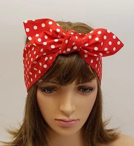 Polka dot red and white rockabilly hair wrap self tie hair scarf cotton headband - Picture 1 of 4