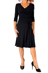 MUJER BCBG MAX AZRIA VESTIDO ENVOLVENTE NEGRO JERSEY MANGA 3/4 CINTURÓN XS LBD - Imagen 1 de 12