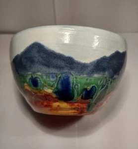 Art Pottery BOWL Handmade Signed S W Clark Blue Brown Clouds Mountains 5" X 3" - Picture 1 of 10