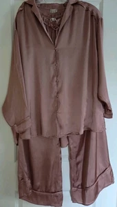 FREE PEOPLE Pink Rose Satin Pajama Lounge Set Button Top Wide Leg Pants  Small - Picture 1 of 18